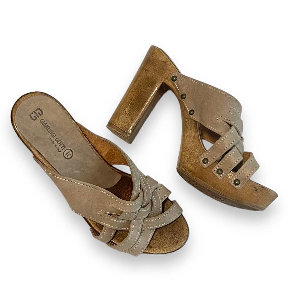 Gianluigi Gotti Leather Clog Mules Shoes Heels Sz 7 Taupe Suede Italy Wood Heel